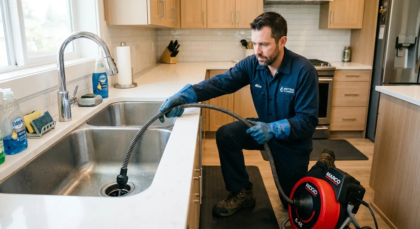 Drain cleaning technician using a motorized snake on a kitchen sink in Linton