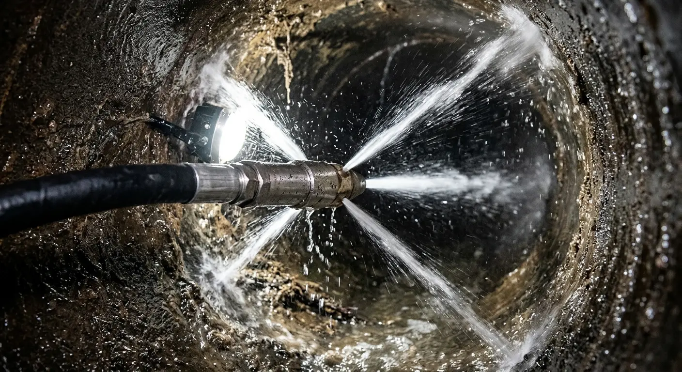 High-pressure hydro jetting nozzle cleaning sewer pipe for Sewer Cleanout in Linton