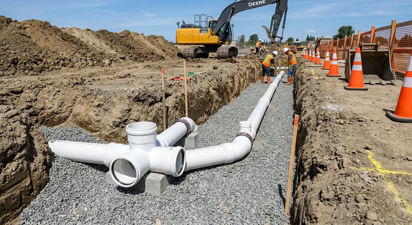 New PVC sewer pipe installation in open trench for Sewer Backup in Linton