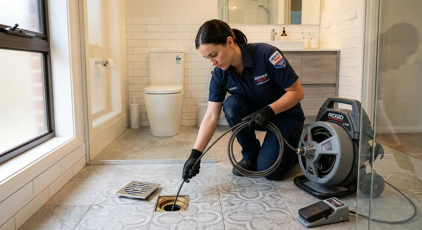 Technician clearing a bathroom floor drain for Clogged Drain Repair in Linton